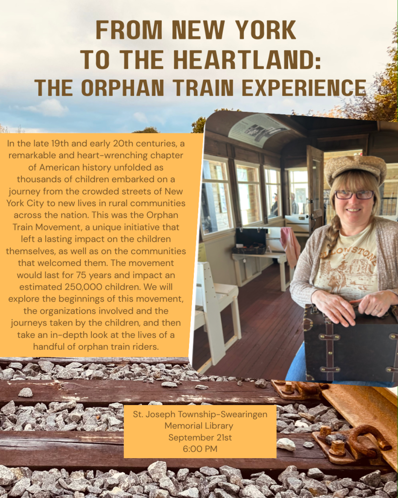 Presenter Jamie Poorman dressed as an orphan on the Orphan Train. Text in image is repeated below.